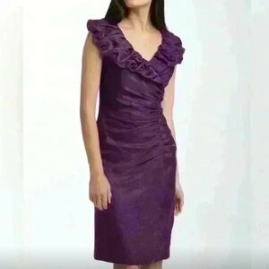 Adriana Papell Ruched Portrait Collared Taffeta Sheath Dress Dusty Plum Size 10
